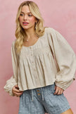SO ME Linen Blend Woven Long Sleeve With Smocking Top  Style Ratio