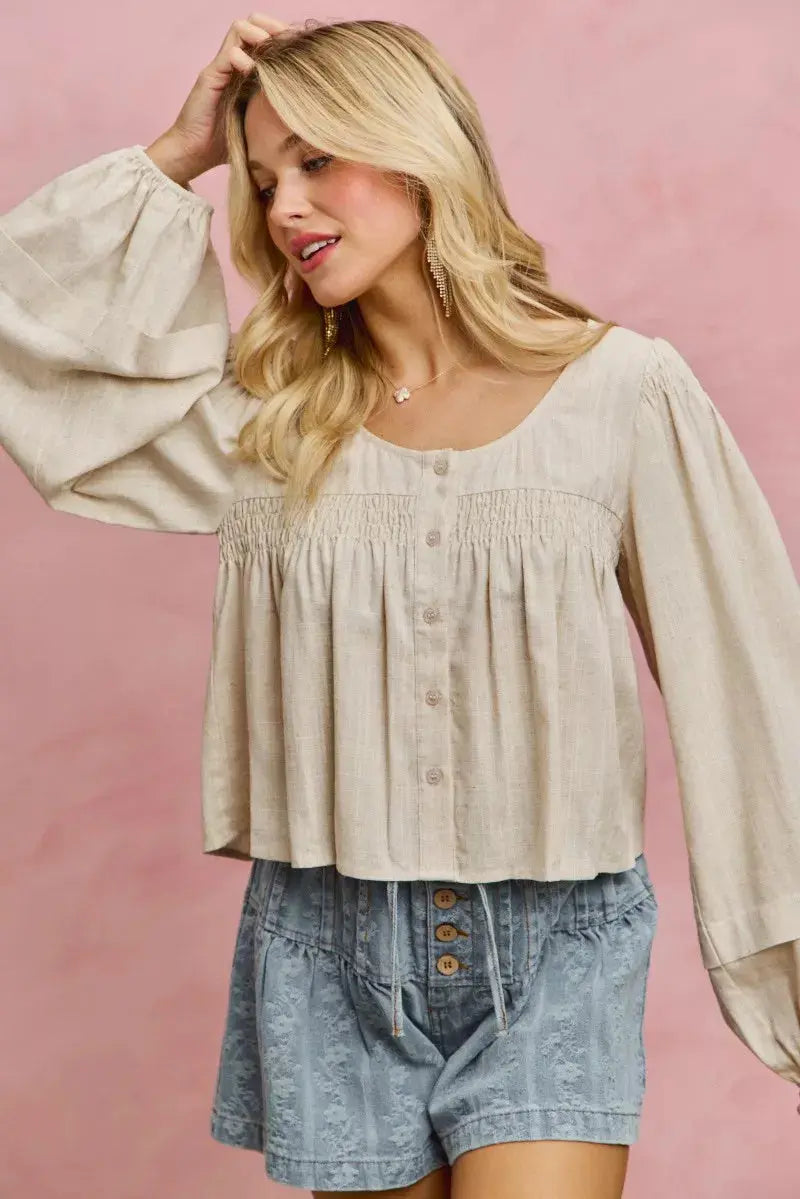 SO ME Linen Blend Woven Long Sleeve With Smocking Top  Style Ratio