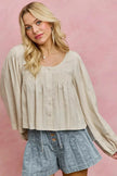 SO ME Linen Blend Woven Long Sleeve With Smocking Top  Style Ratio