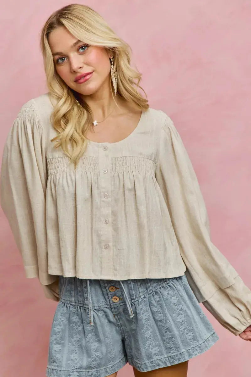 SO ME Linen Blend Woven Long Sleeve With Smocking Top  Style Ratio