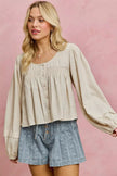 SO ME Linen Blend Woven Long Sleeve With Smocking Top  Style Ratio