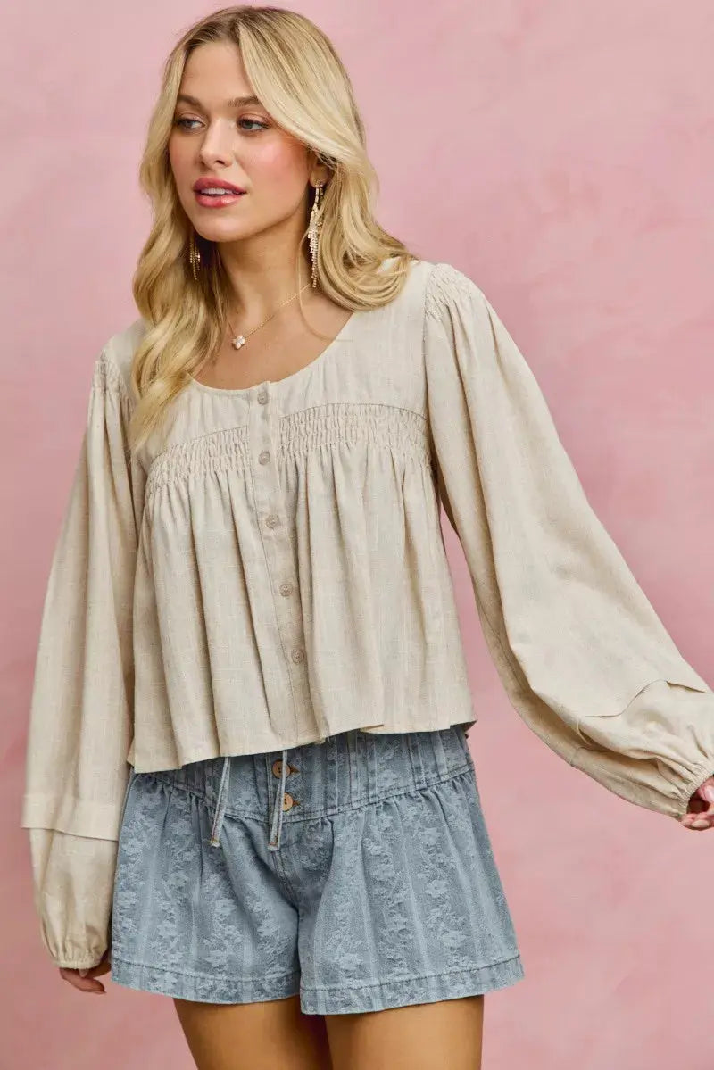 SO ME Linen Blend Woven Long Sleeve With Smocking Top  Style Ratio