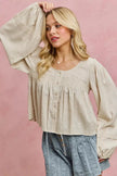 SO ME Linen Blend Woven Long Sleeve With Smocking Top  Style Ratio