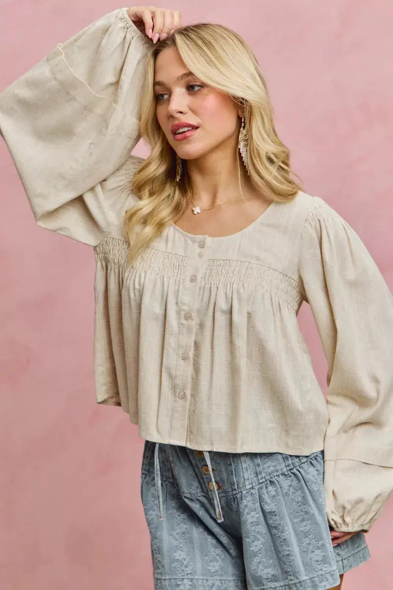 SO ME Linen Blend Woven Long Sleeve With Smocking Top  Style Ratio