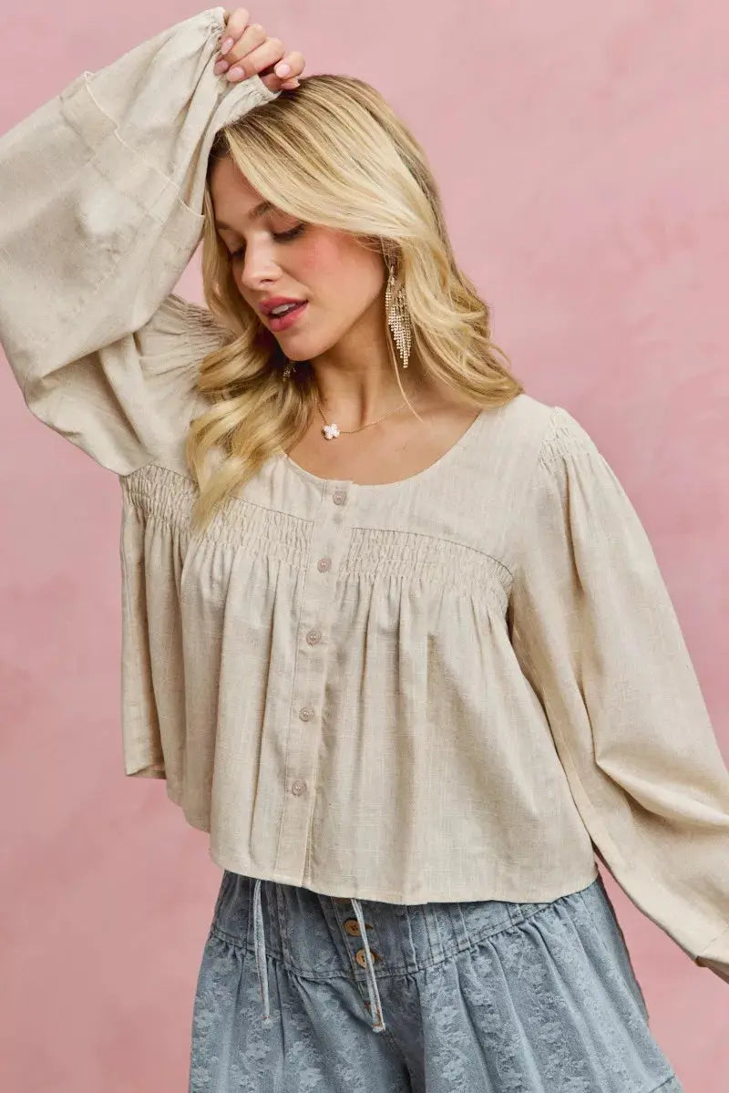 SO ME Linen Blend Woven Long Sleeve With Smocking Top  Style Ratio