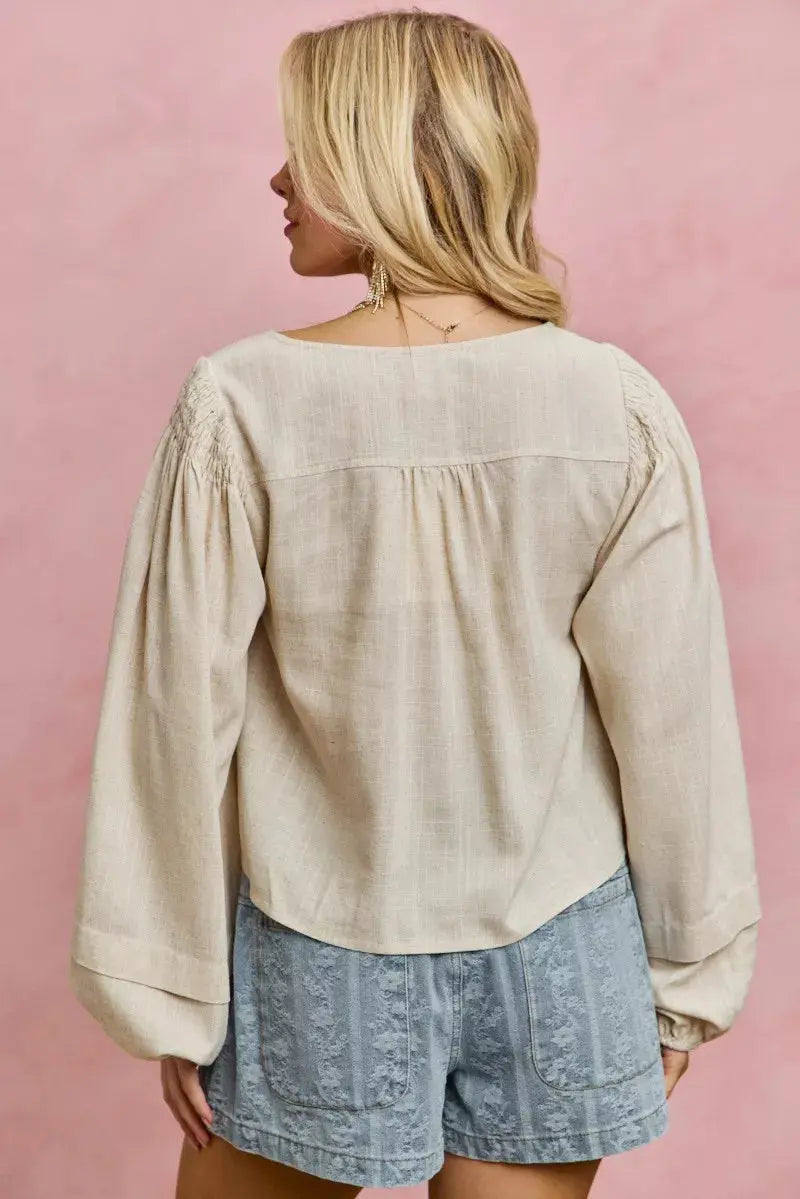 SO ME Linen Blend Woven Long Sleeve With Smocking Top  Style Ratio