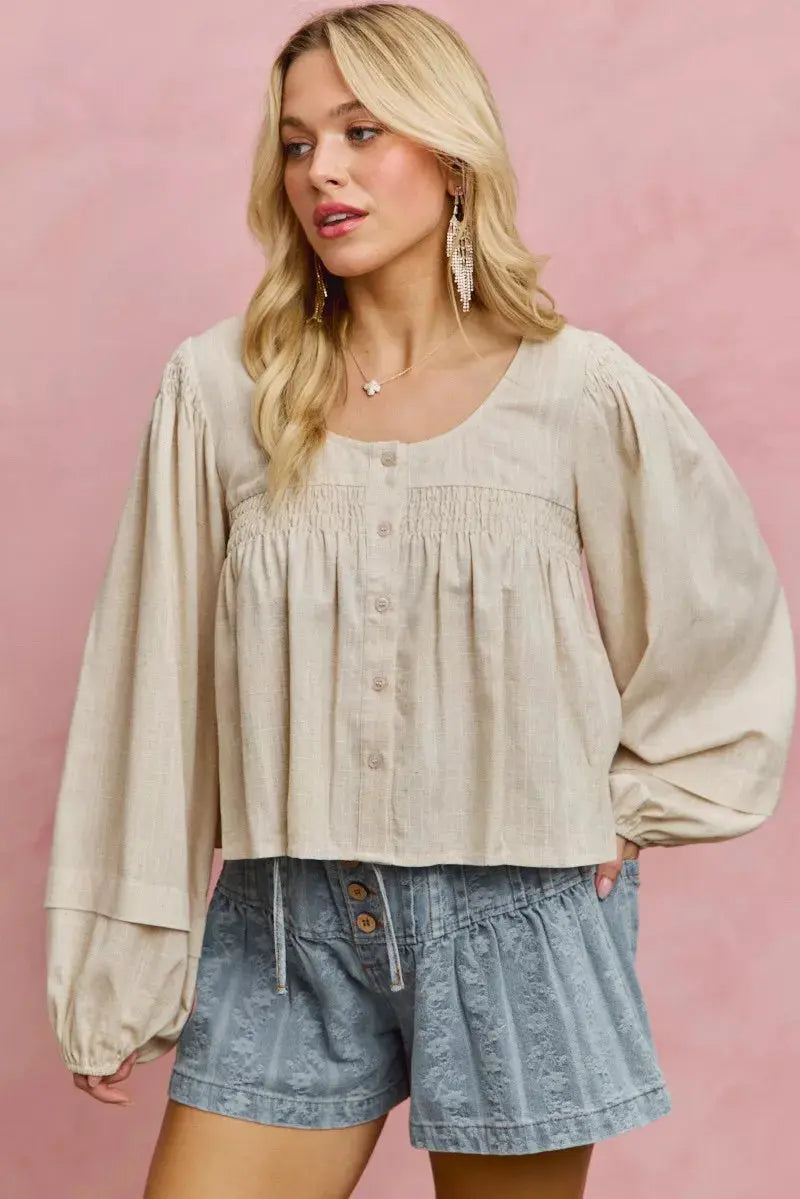 SO ME Linen Blend Woven Long Sleeve With Smocking Top  Style Ratio
