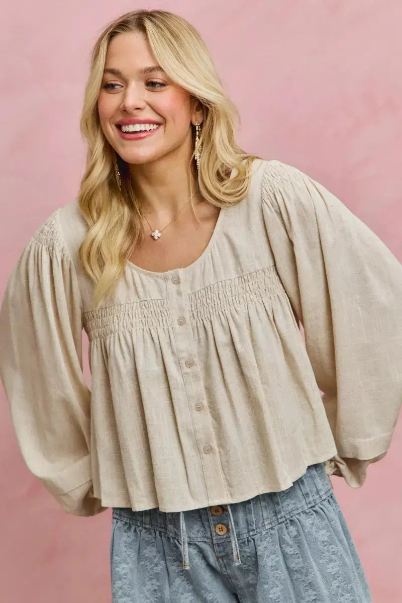 SO ME Linen Blend Woven Long Sleeve With Smocking Top  Style Ratio