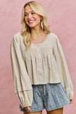 SO ME Linen Blend Woven Long Sleeve With Smocking Top  Style Ratio