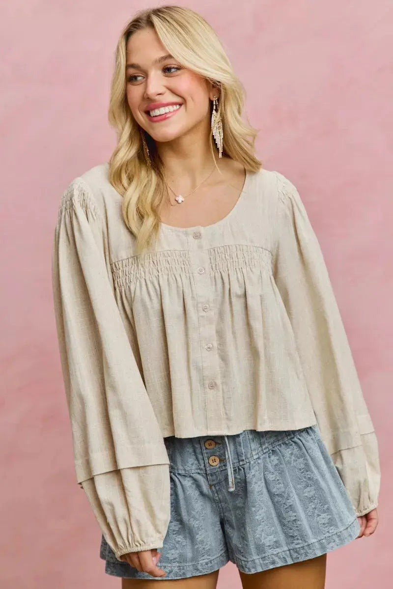 SO ME Linen Blend Woven Long Sleeve With Smocking Top  Style Ratio