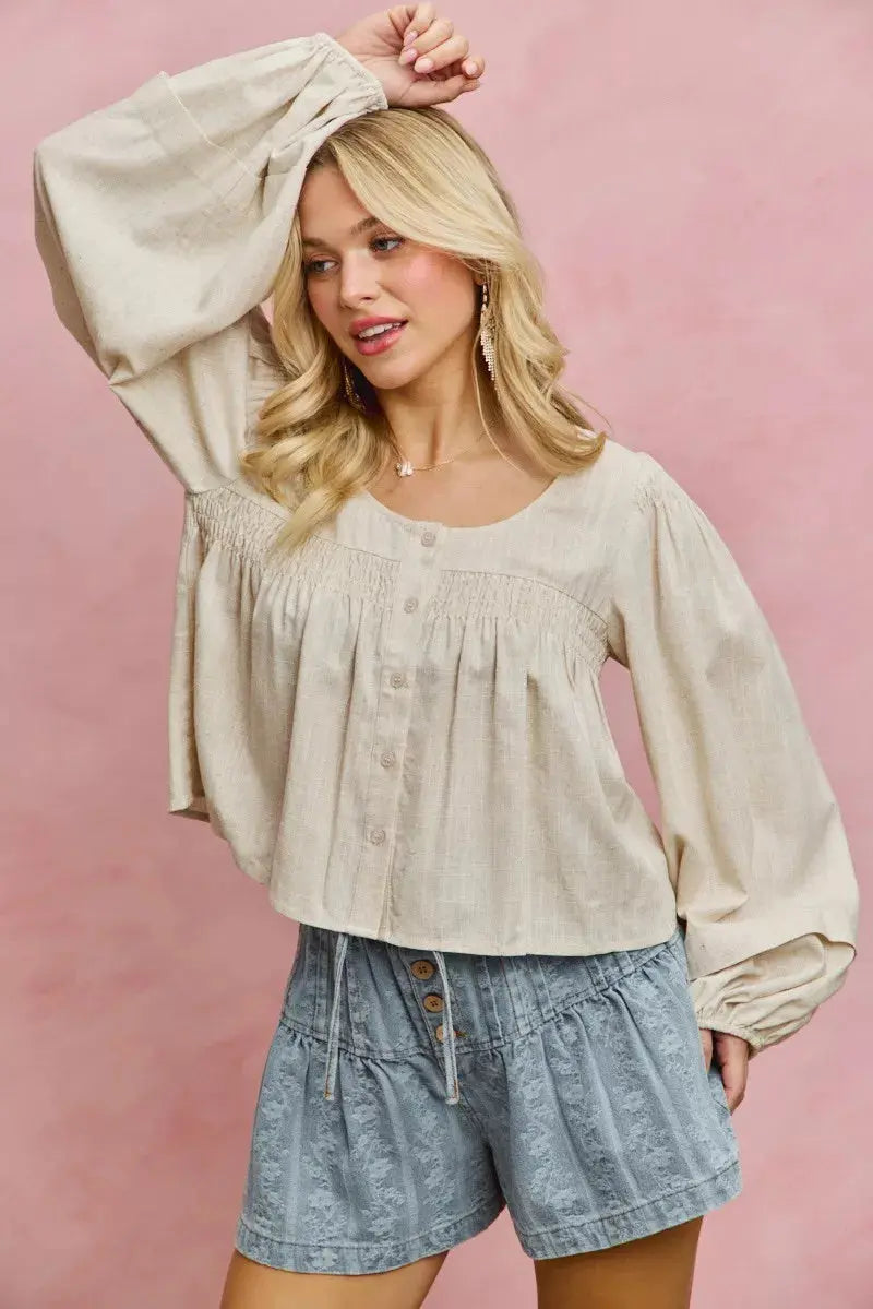 SO ME Linen Blend Woven Long Sleeve With Smocking Top  Style Ratio