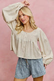 SO ME Linen Blend Woven Long Sleeve With Smocking Top  Style Ratio