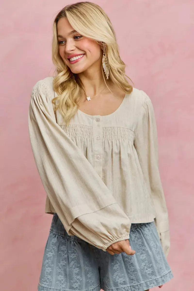 SO ME Linen Blend Woven Long Sleeve With Smocking Top  Style Ratio