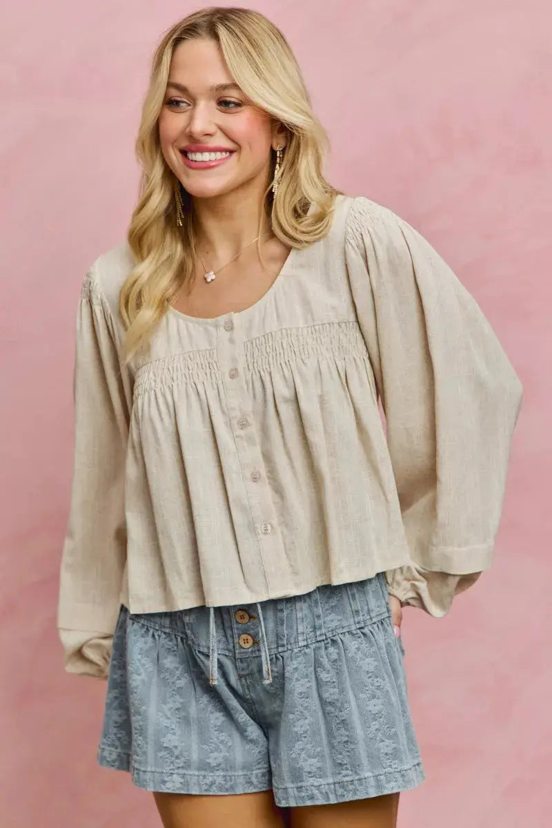 SO ME Linen Blend Woven Long Sleeve With Smocking Top  Style Ratio
