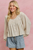 SO ME Linen Blend Woven Long Sleeve With Smocking Top  Style Ratio