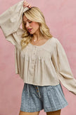 SO ME Linen Blend Woven Long Sleeve With Smocking Top  Style Ratio