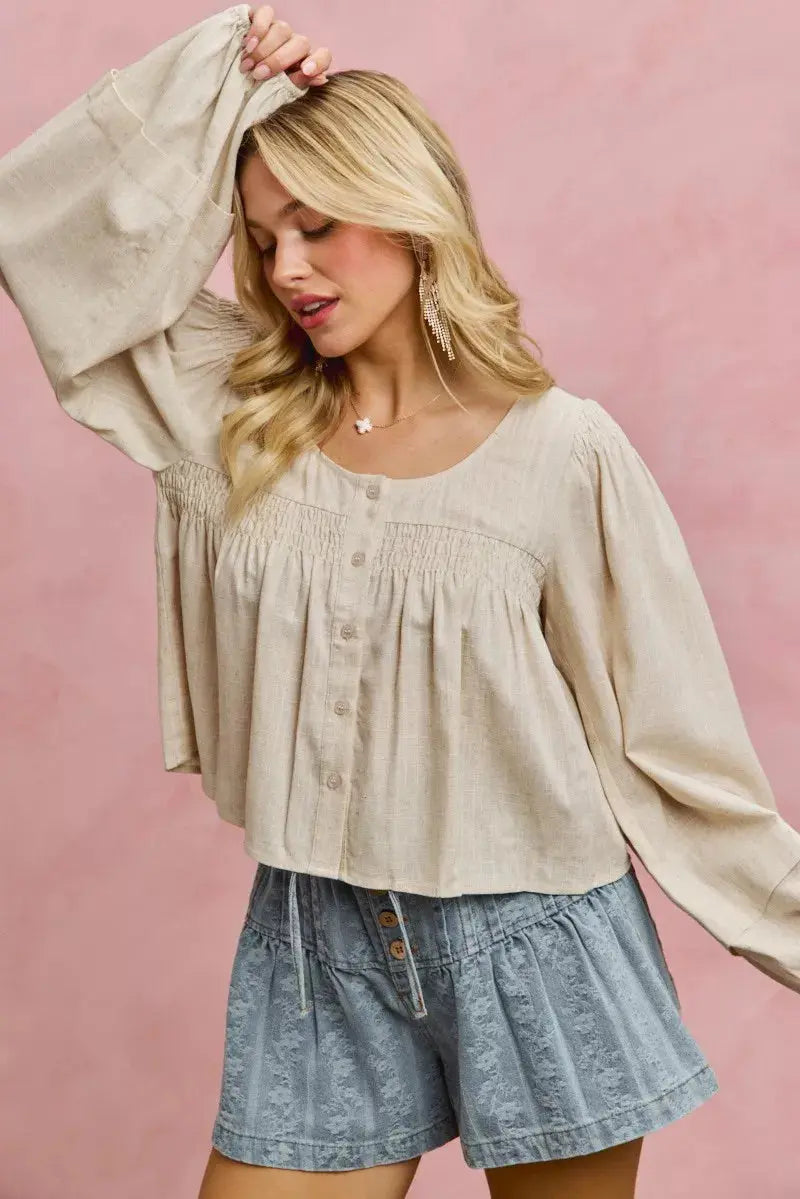 SO ME Linen Blend Woven Long Sleeve With Smocking Top  Style Ratio