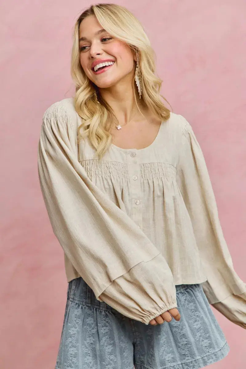 SO ME Linen Blend Woven Long Sleeve With Smocking Top  Style Ratio