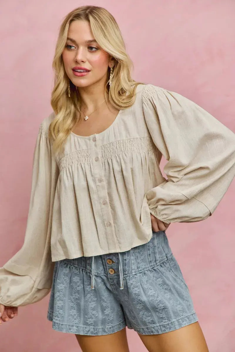 SO ME Linen Blend Woven Long Sleeve With Smocking Top  Style Ratio