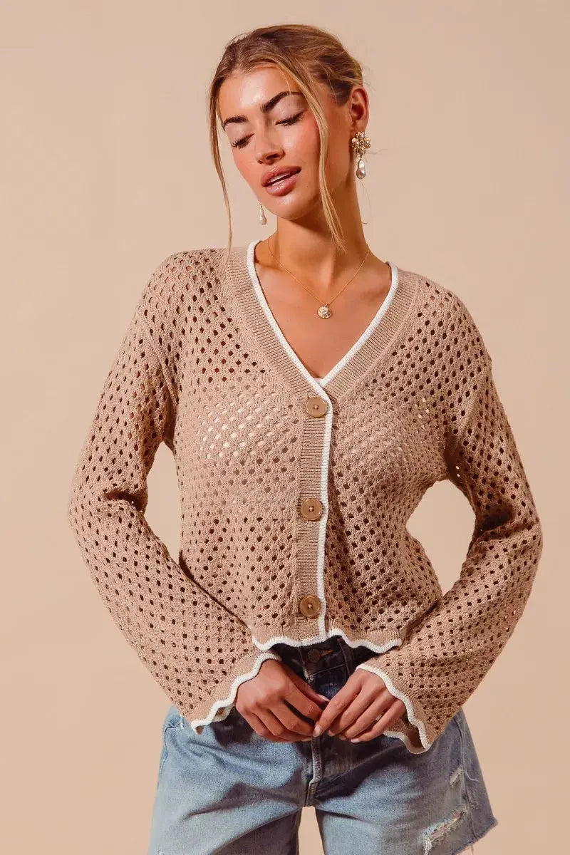 SO ME Open Knit Light Weight Sweater Cardigan With Contrast Wavy Scallop Edge  Style Ratio