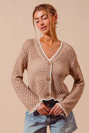 SO ME Open Knit Light Weight Sweater Cardigan With Contrast Wavy Scallop Edge  Style Ratio