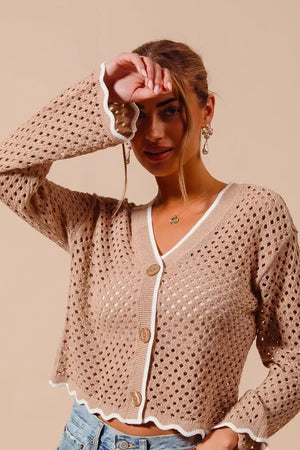 SO ME Open Knit Light Weight Sweater Cardigan With Contrast Wavy Scallop Edge  Style Ratio