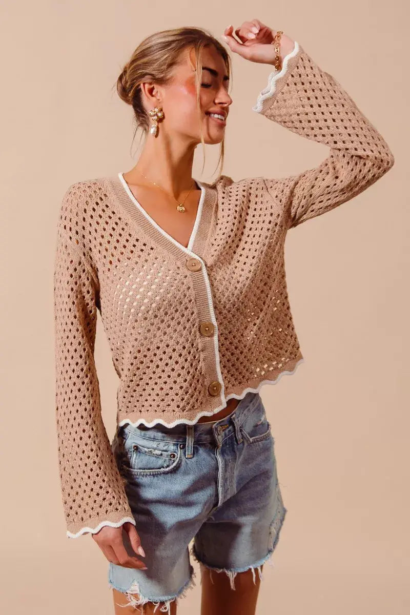 SO ME Open Knit Light Weight Sweater Cardigan With Contrast Wavy Scallop Edge  Style Ratio