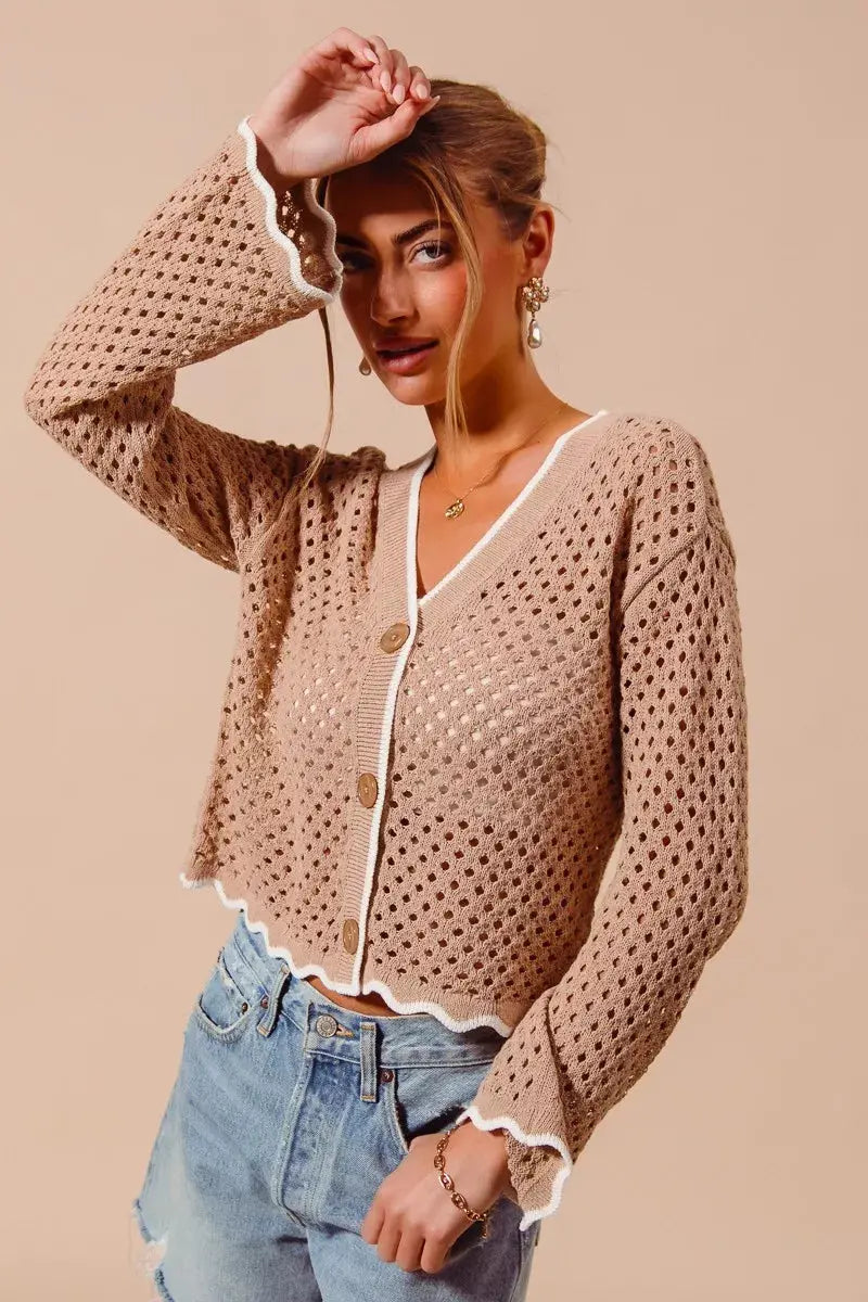SO ME Open Knit Light Weight Sweater Cardigan With Contrast Wavy Scallop Edge  Style Ratio