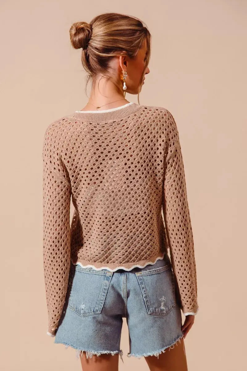 SO ME Open Knit Light Weight Sweater Cardigan With Contrast Wavy Scallop Edge  Style Ratio