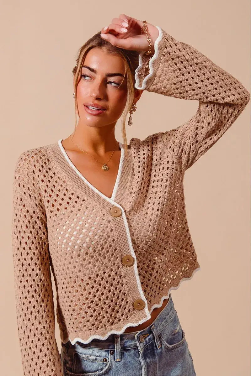 SO ME Open Knit Light Weight Sweater Cardigan With Contrast Wavy Scallop Edge  Style Ratio