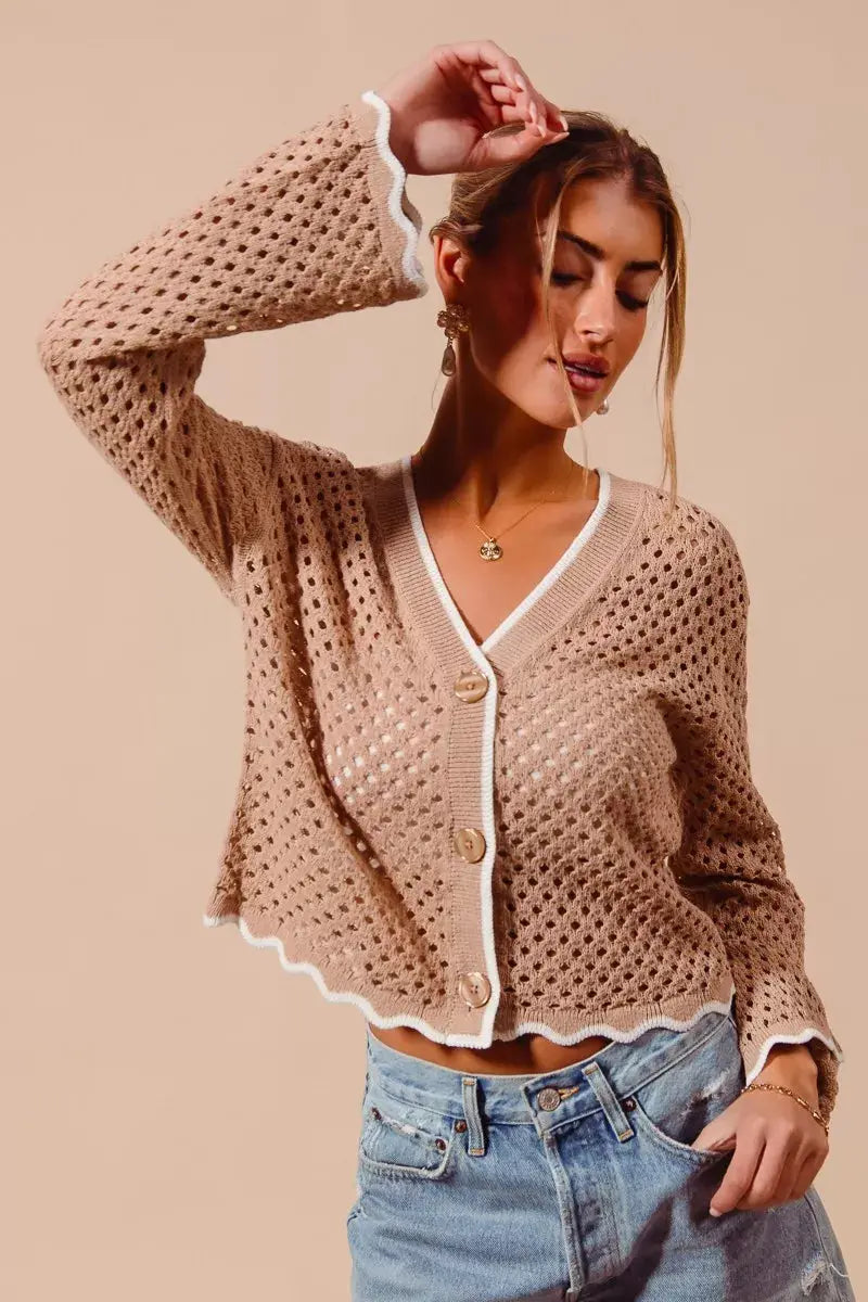 SO ME Open Knit Light Weight Sweater Cardigan With Contrast Wavy Scallop Edge  Style Ratio