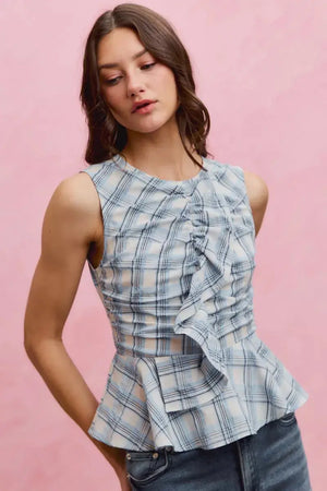 SO ME Plaid Sleeveless Ruffle Peplum Top  Style Ratio