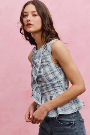 SO ME Plaid Sleeveless Ruffle Peplum Top  Style Ratio