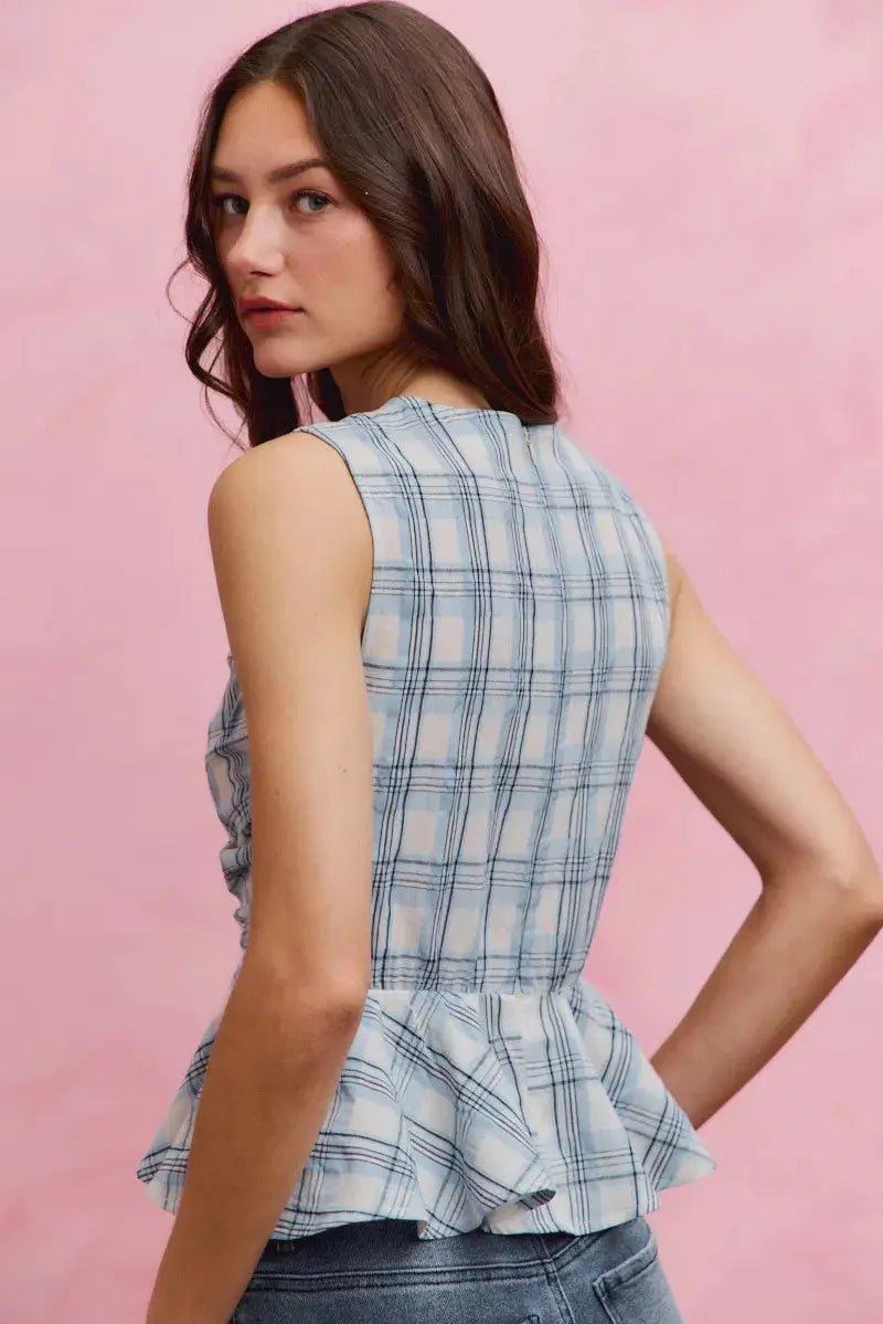 SO ME Plaid Sleeveless Ruffle Peplum Top  Style Ratio