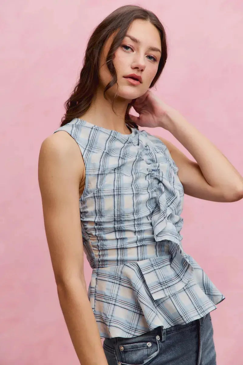 SO ME Plaid Sleeveless Ruffle Peplum Top  Style Ratio