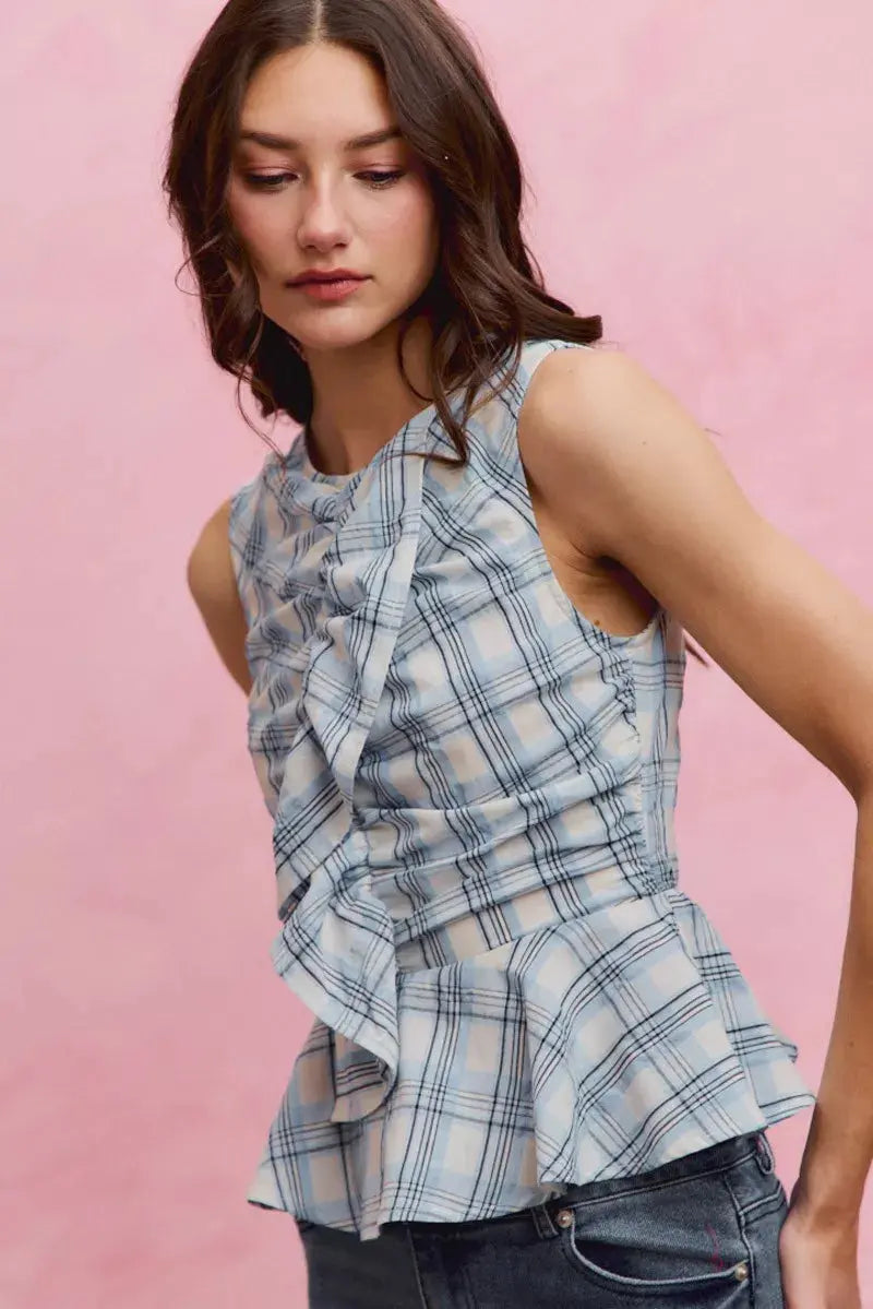 SO ME Plaid Sleeveless Ruffle Peplum Top  Style Ratio