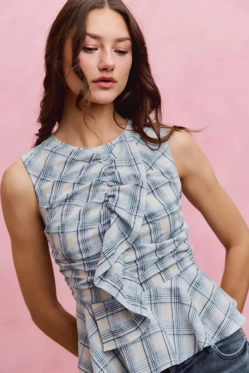 SO ME Plaid Sleeveless Ruffle Peplum Top  Style Ratio