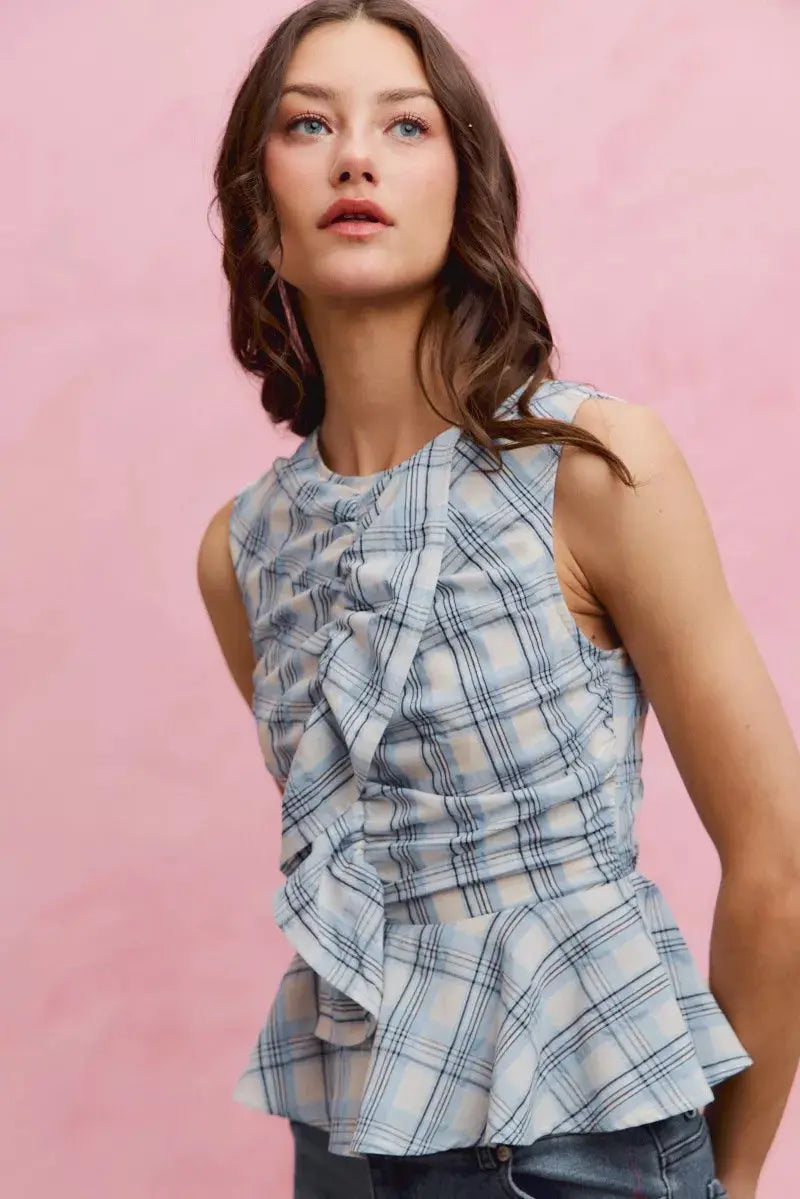SO ME Plaid Sleeveless Ruffle Peplum Top  Style Ratio