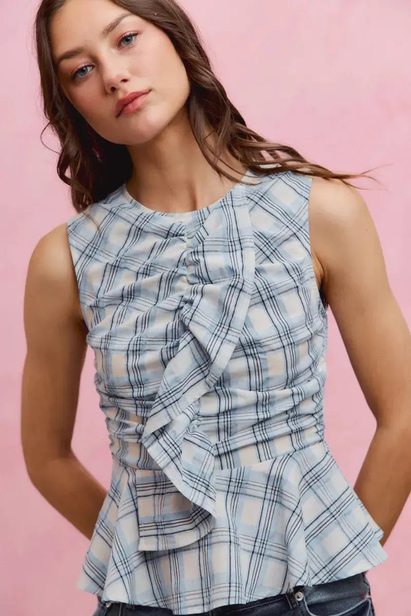 SO ME Plaid Sleeveless Ruffle Peplum Top  Style Ratio