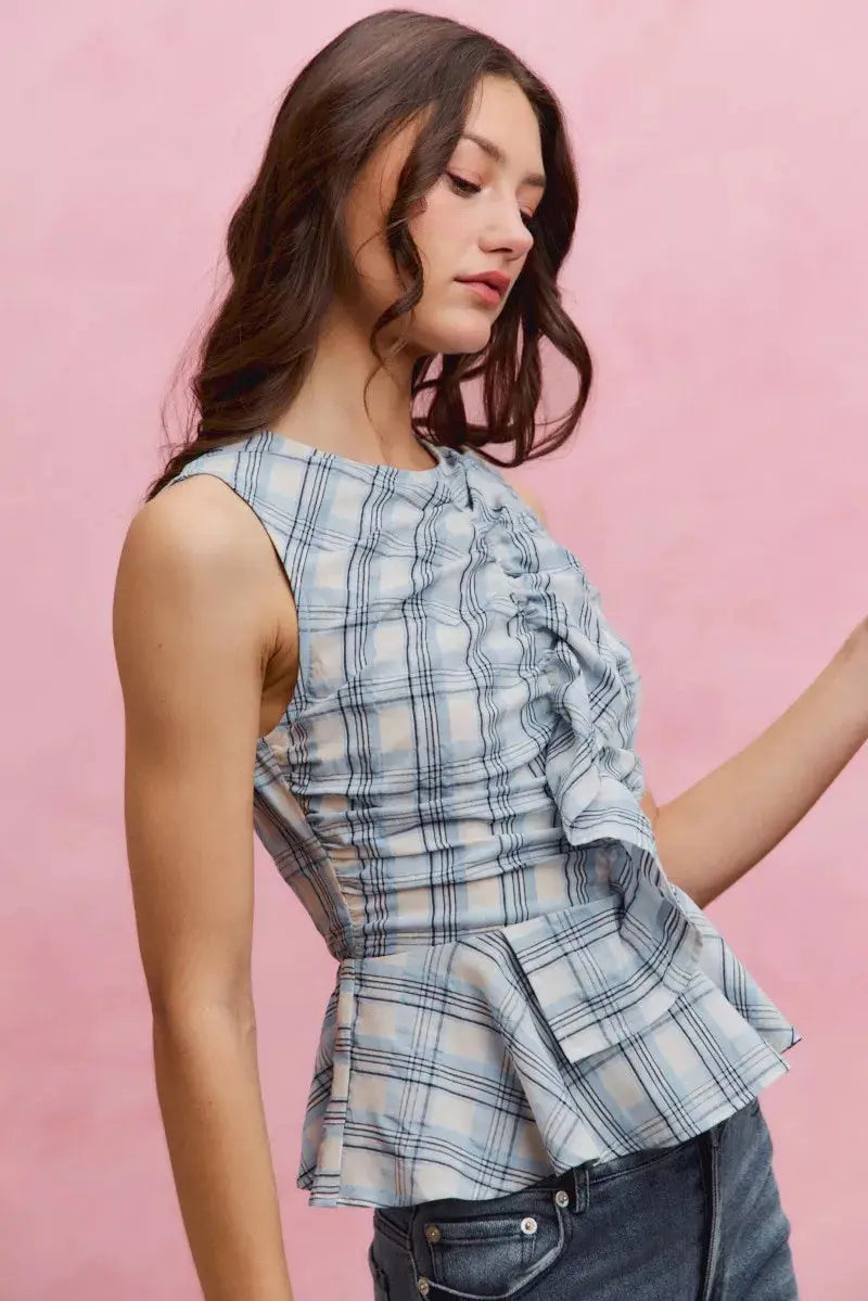 SO ME Plaid Sleeveless Ruffle Peplum Top  Style Ratio