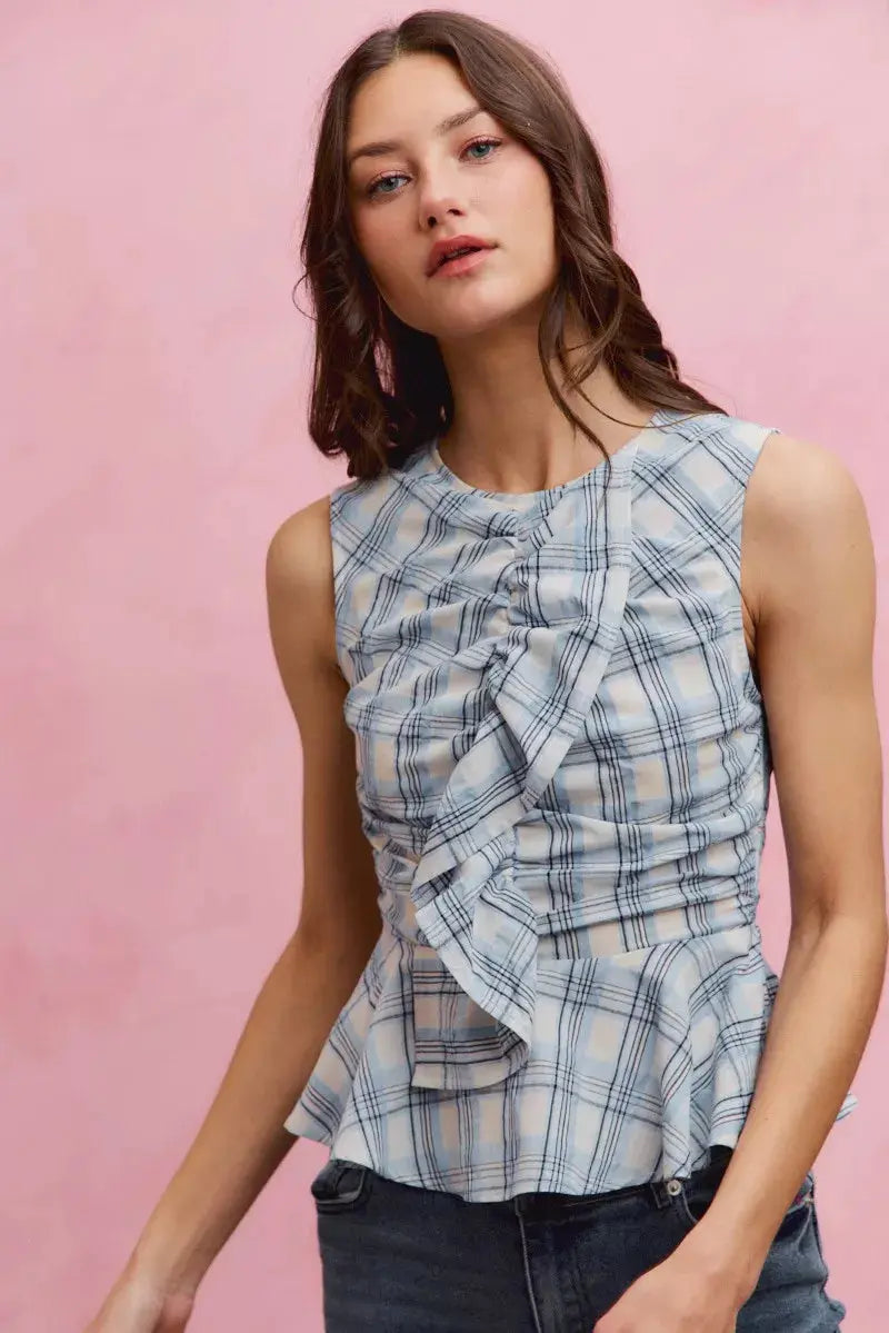 SO ME Plaid Sleeveless Ruffle Peplum Top  Style Ratio