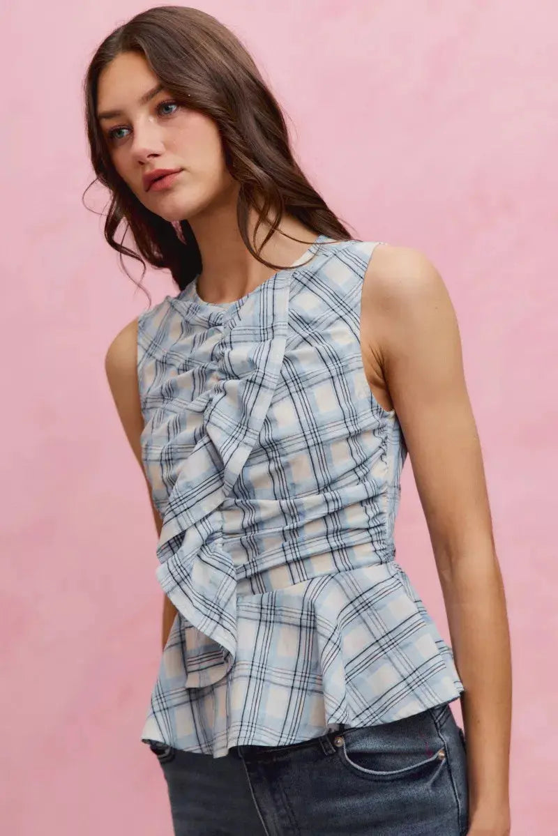 SO ME Plaid Sleeveless Ruffle Peplum Top  Style Ratio