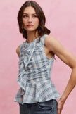SO ME Plaid Sleeveless Ruffle Peplum Top  Style Ratio