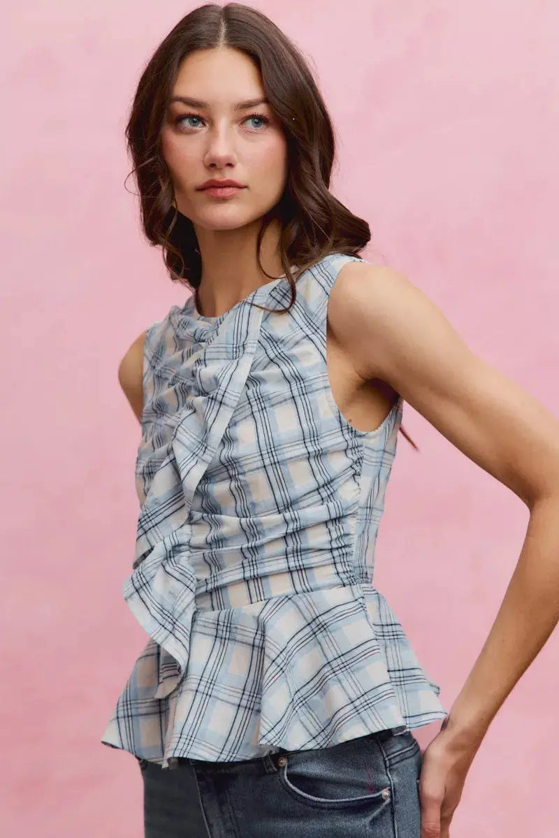 SO ME Plaid Sleeveless Ruffle Peplum Top  Style Ratio