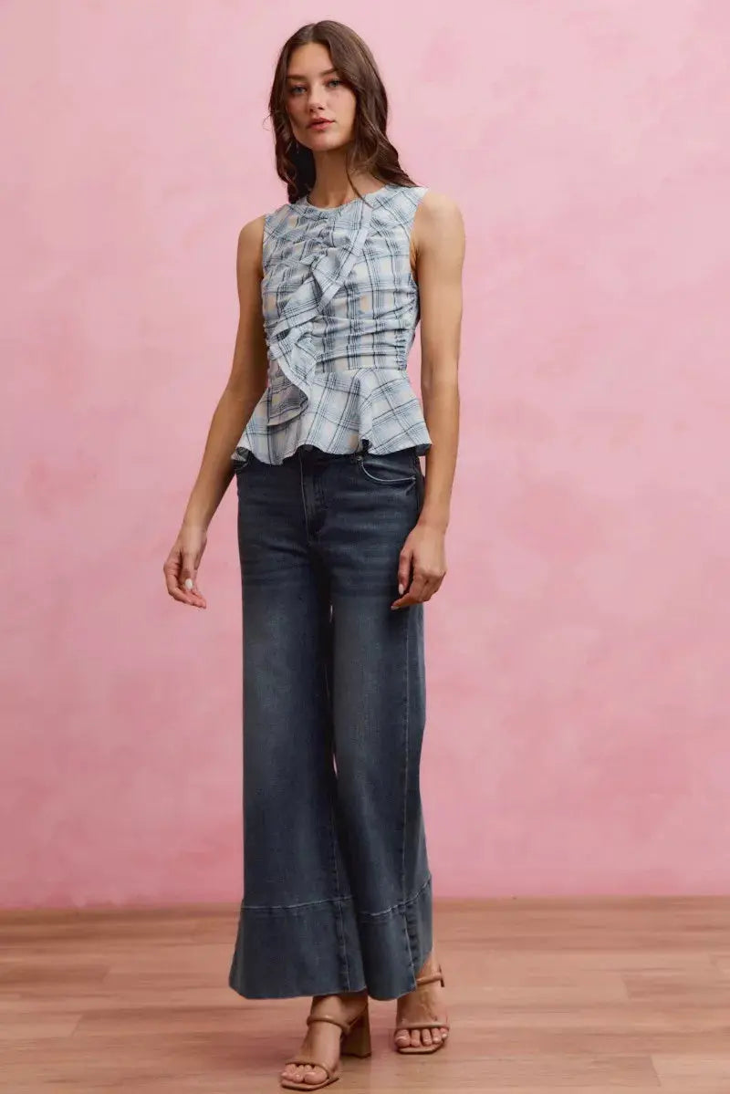 SO ME Plaid Sleeveless Ruffle Peplum Top  Style Ratio