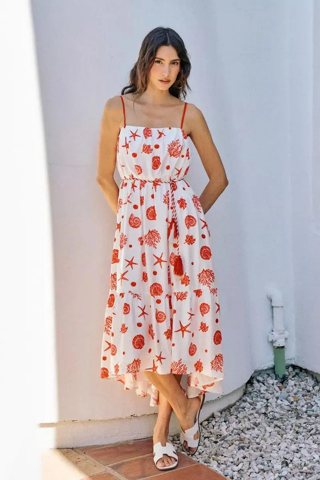 SO ME Shell Print Tiered Lined Midi Cami Dress With Belt  Style Ratio
