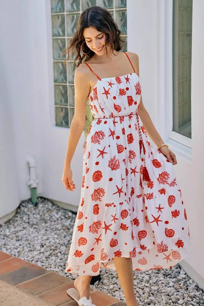 SO ME Shell Print Tiered Lined Midi Cami Dress With Belt  Style Ratio
