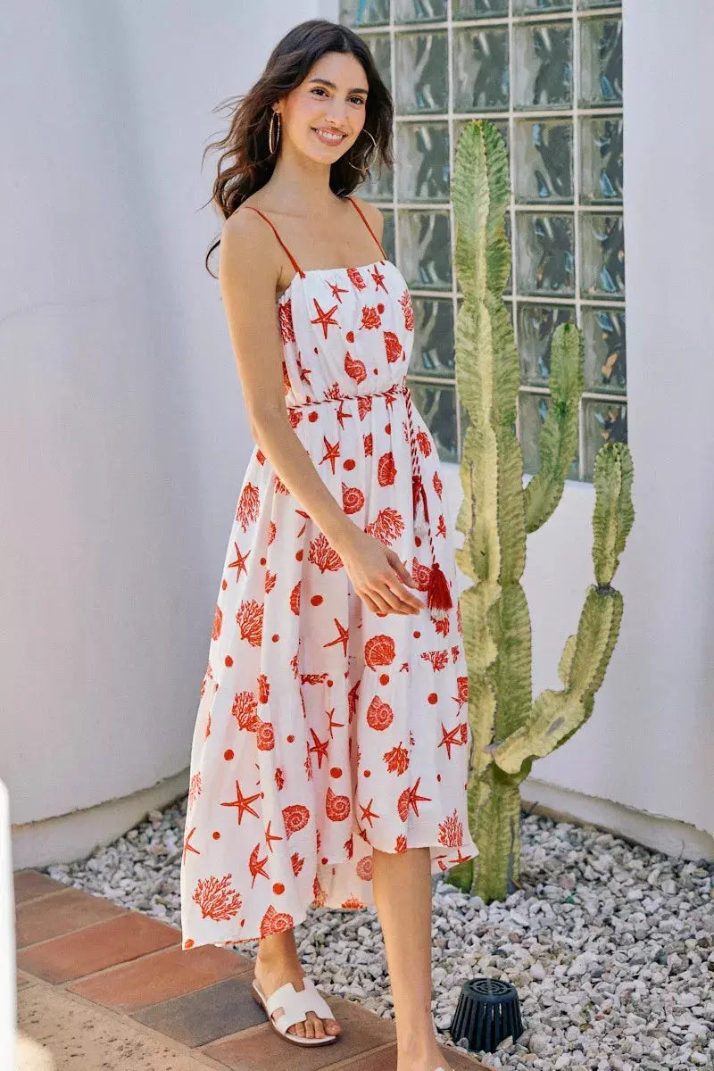 SO ME Shell Print Tiered Lined Midi Cami Dress With Belt  Style Ratio