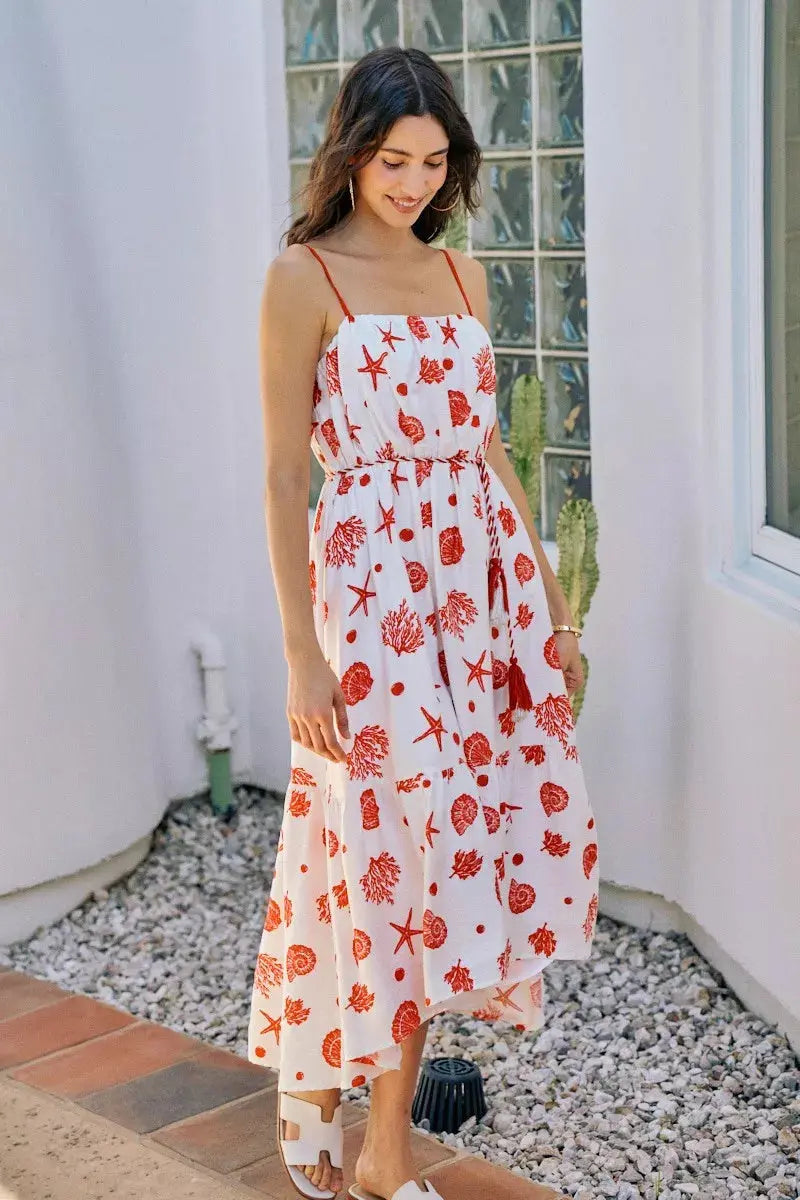 SO ME Shell Print Tiered Lined Midi Cami Dress With Belt  Style Ratio