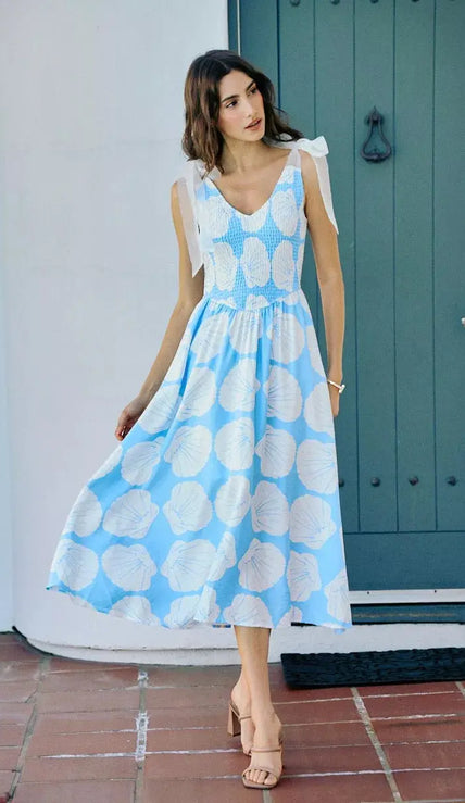 SO ME Shell Smocked Bodice Shoulder Tie Lined Midi Dress  Style Ratio